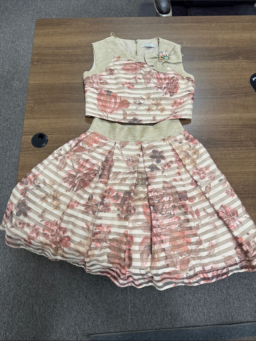 Two-Piece Floral Stripe Crop Top & Skirt Set - Blush and Cream